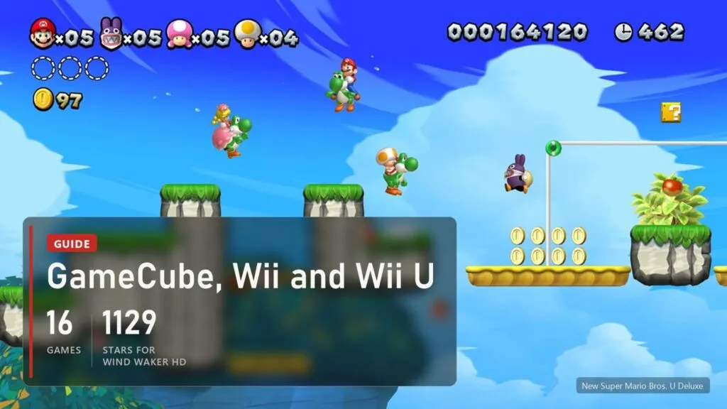 Mario on Yoshi and friends in a New Super Mario Bros. U Deluxe level with a plate: 16 GameCube, Wii and Wii U recomps, Wind Waker HD at 1129 stars