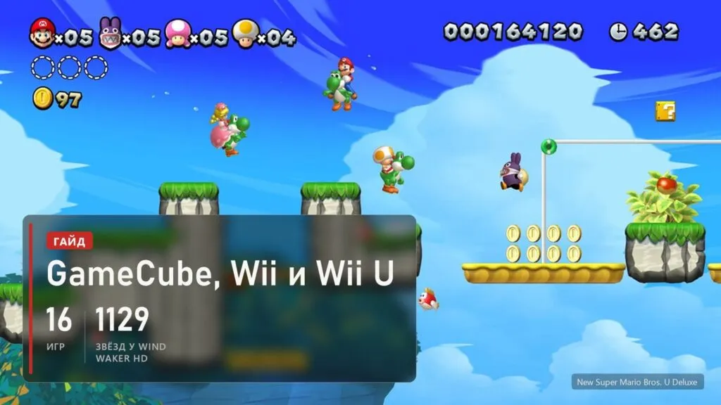 Марио на Йоши и друзья на уровне New Super Mario Bros. U Deluxe и плашка: 16 рекомпиляций с GameCube, Wii и Wii U, у Wind Waker HD 1129 звёзд