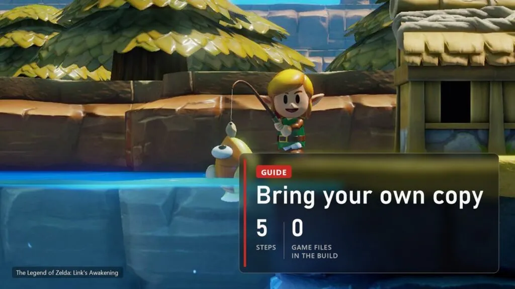 Link fishing by a river in The Legend of Zelda: Link's Awakening with a plate: bring your own copy, 5 steps, 0 game files in the build