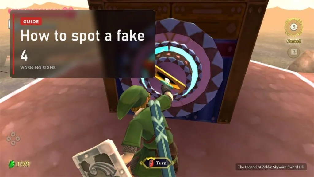 Link at a mechanism in a temple in The Legend of Zelda: Skyward Sword HD with a plate: how to spot a fake, 4 warning signs