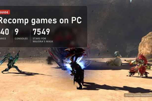 Hunters fight a monster in the desert in Monster Hunter Generations Ultimate with a plate: recomp games on PC, 140 games, 9 consoles, 7549 stars for Majora's Mask