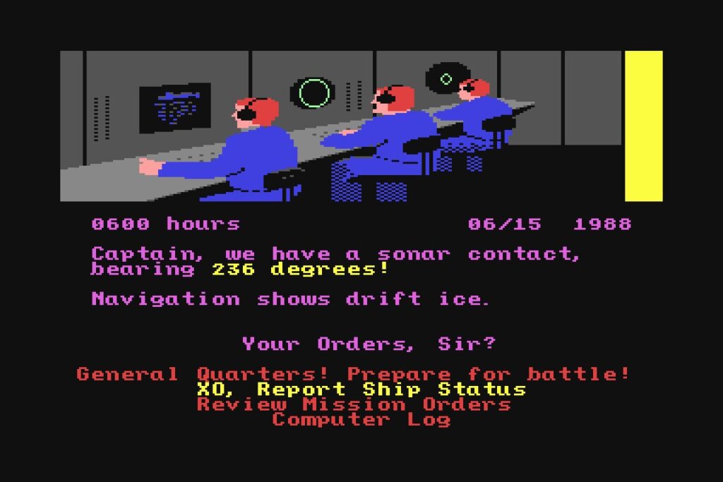 Pixelige commandokamer van een duikboot met drie operators met koptelefoons, eronder een melding van sonarcontact en het menu met bevelen voor de kapitein