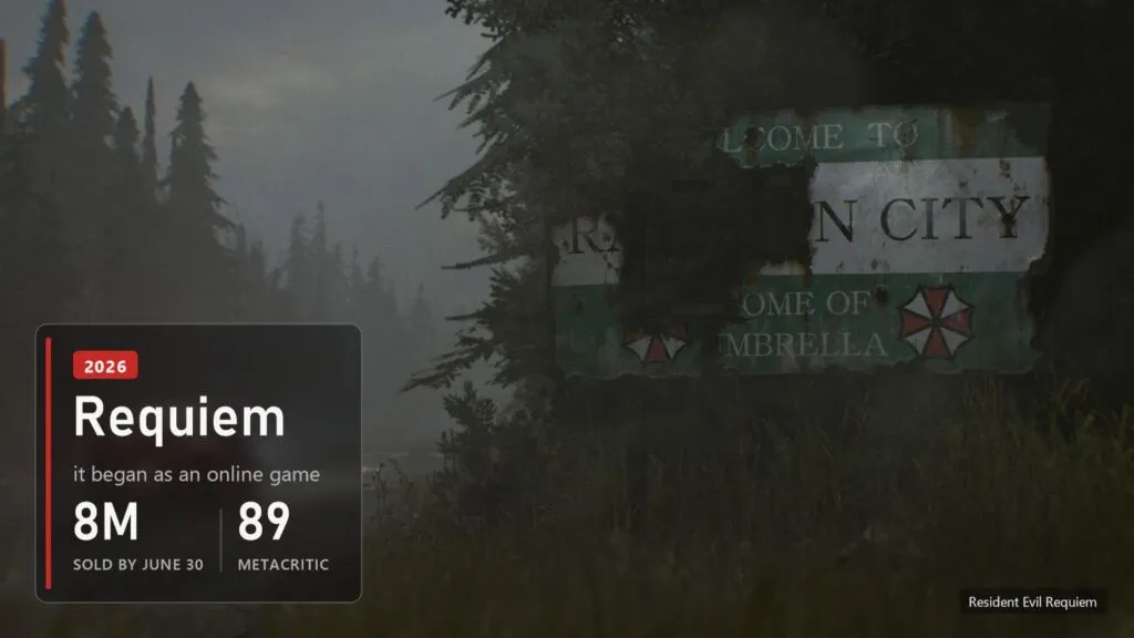 The Raccoon City welcome sign in the forest in Resident Evil Requiem