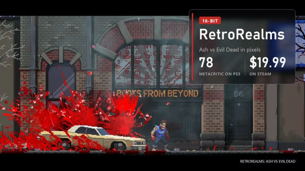 Pixel-art Ash on a street outside the Books From Beyond shop next to a white car, everything soaked in deadite blood