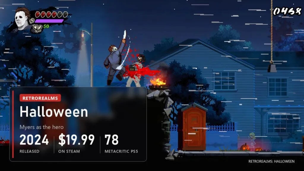 Pixel-art Michael Myers leaping and slashing an enemy in front of a house at night, with a burning grill and a portable toilet