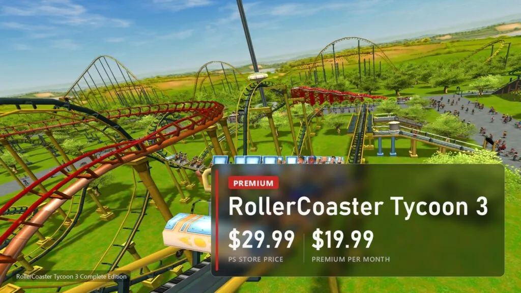 A roller coaster train climbs a track above a green theme park full of visitors