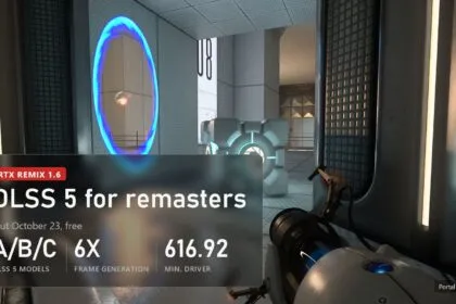 Portal with RTX, a portal and a cube, overlay RTX Remix 1.6: DLSS 5 for remasters, models A/B/C, Frame Generation 6X, driver 616.92