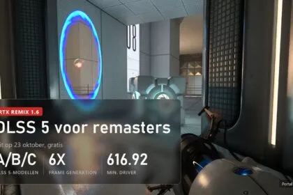 Portal with RTX, een portaal en een kubus, label RTX Remix 1.6: DLSS 5 voor remasters, modellen A/B/C, Frame Generation 6X, driver 616.92