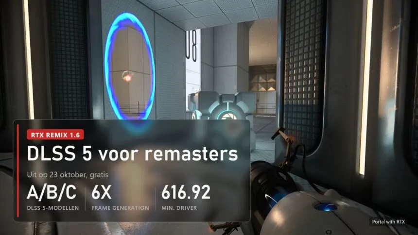 Portal with RTX, een portaal en een kubus, label RTX Remix 1.6: DLSS 5 voor remasters, modellen A/B/C, Frame Generation 6X, driver 616.92