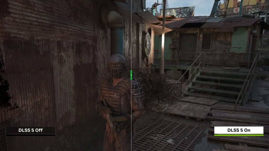NVIDIA comparison in Fallout 4 with RTX Remix: DLSS 5 off on the left, on on the right, a masked raider against rusty walls and stairs