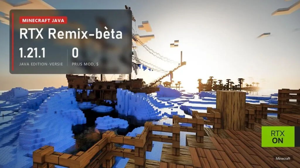 Een schip in het ijs in Minecraft met path tracing via RTX Remix, op het label: Java Edition 1.21.1, de mod is gratis