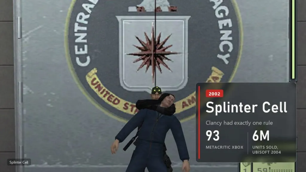 Sam Fisher holds a guard at the CIA emblem in the first Splinter Cell