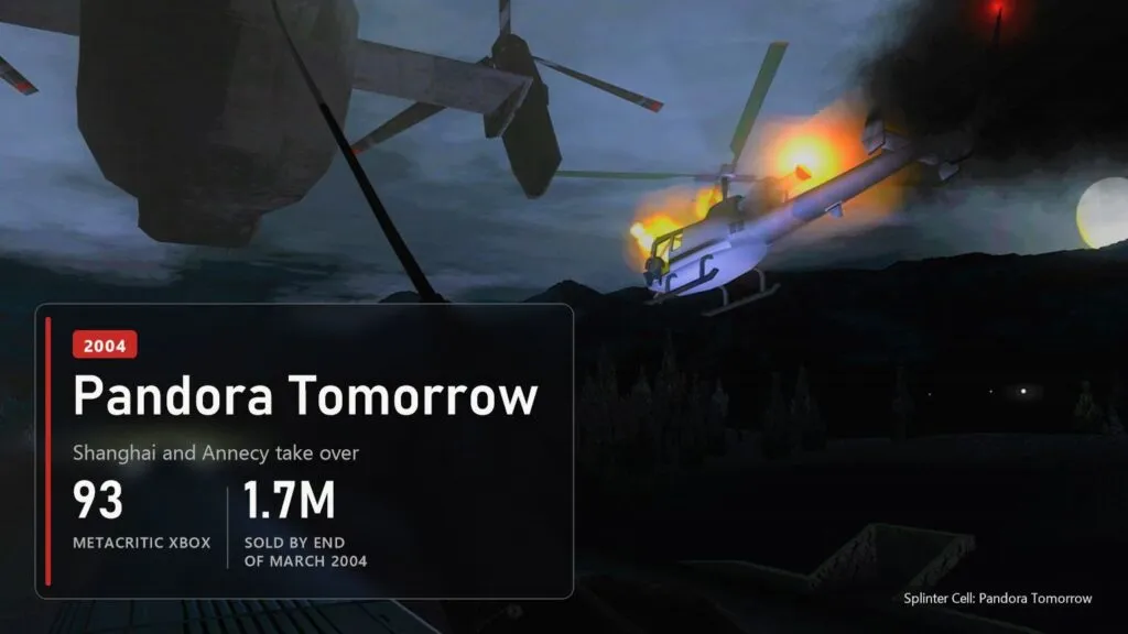 A burning helicopter over a train in Splinter Cell: Pandora Tomorrow