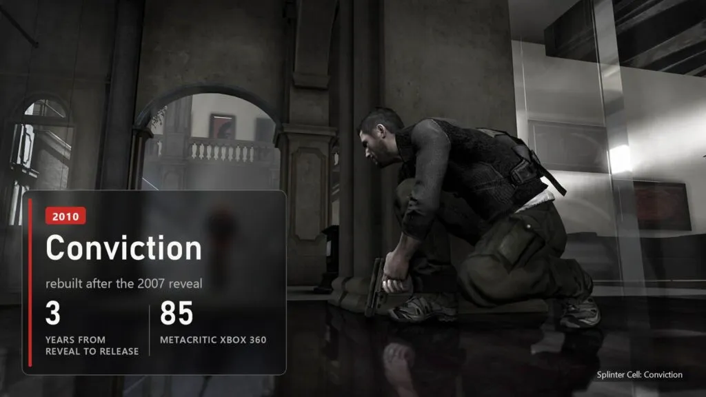 Sam Fisher sneaks across a wet floor in Splinter Cell: Conviction