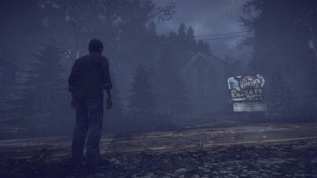 Мерфи Пендлтон под дождём у старой вывески в Silent Hill: Downpour