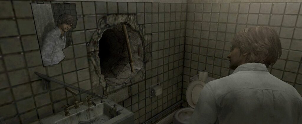 Генри смотрит на дыру в стене ванной в Silent Hill 4: The Room