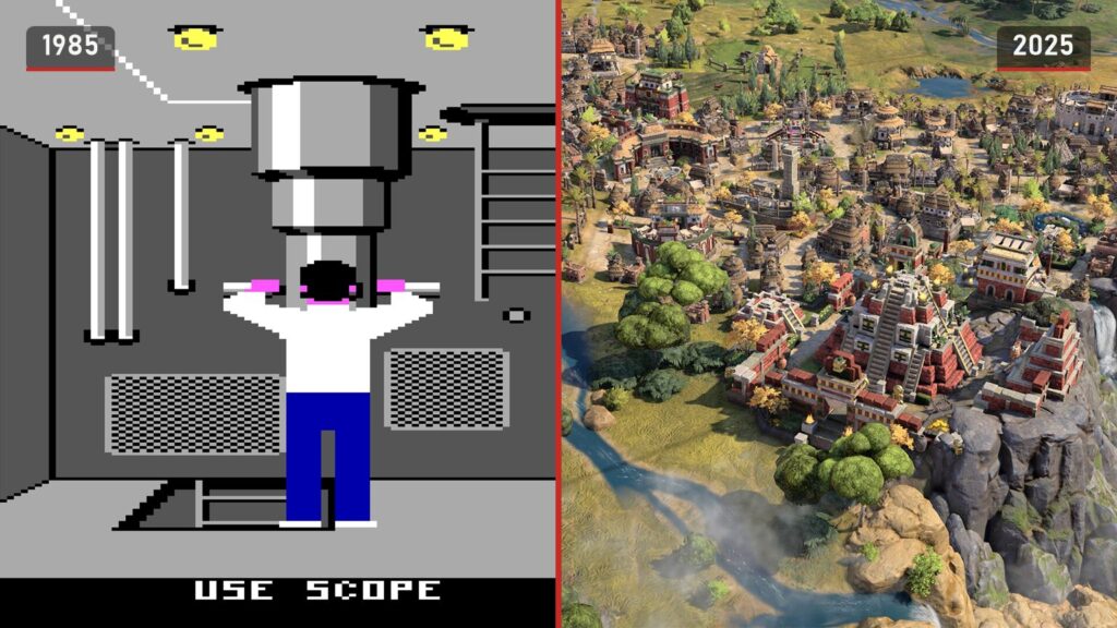 Left, a sailor at the periscope inside a submarine from Silent Service, 1985; right, a cliffside city by a waterfall in Civilization VII