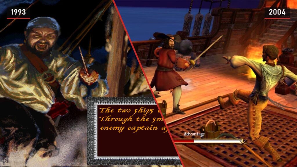 Left, a painted pirate with a knife from Pirates! Gold, 1993; right, a sword duel on deck from Pirates! 2004