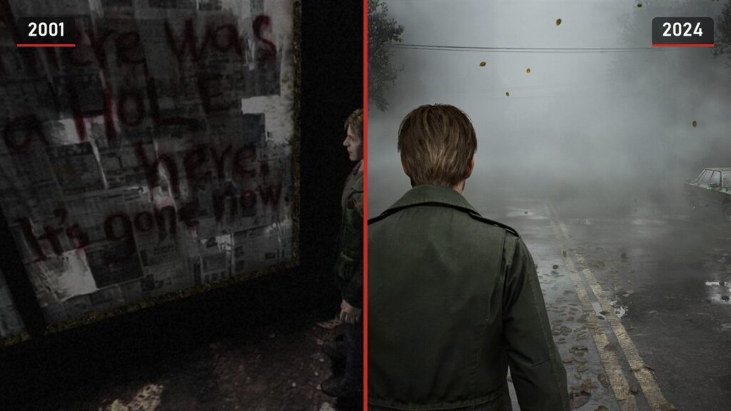 Джеймс у стены с надписью в Silent Hill 2 2001 года и Джеймс в тумане в ремейке 2024 года