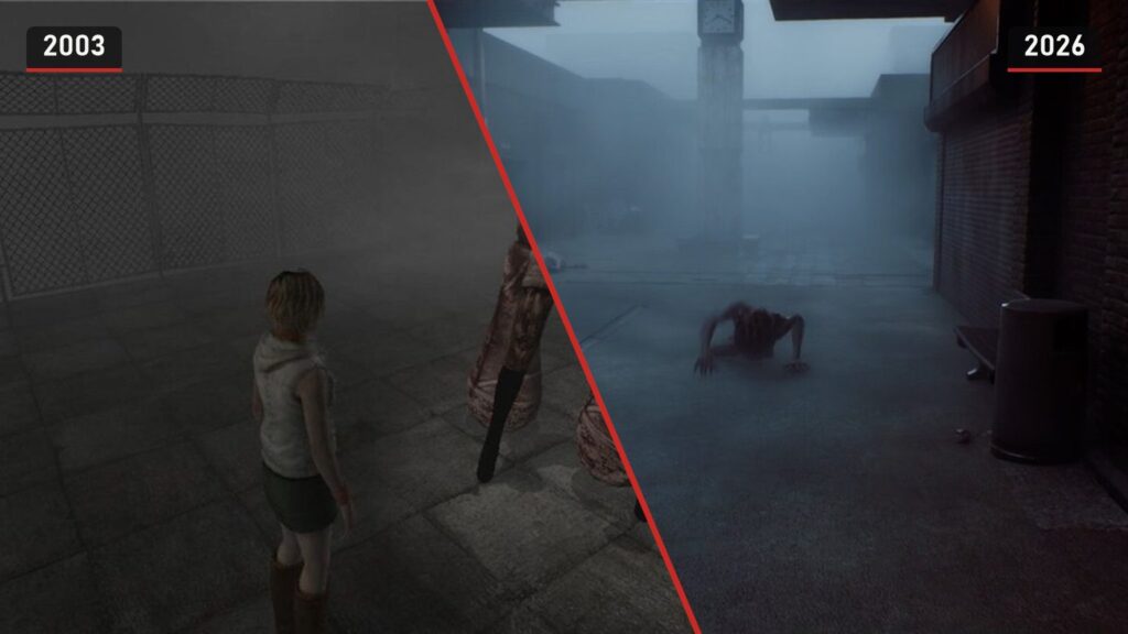 Хизер в тумане в Silent Hill 3 2003 года и туманная площадь в Silent Hill: Townfall 2026 года
