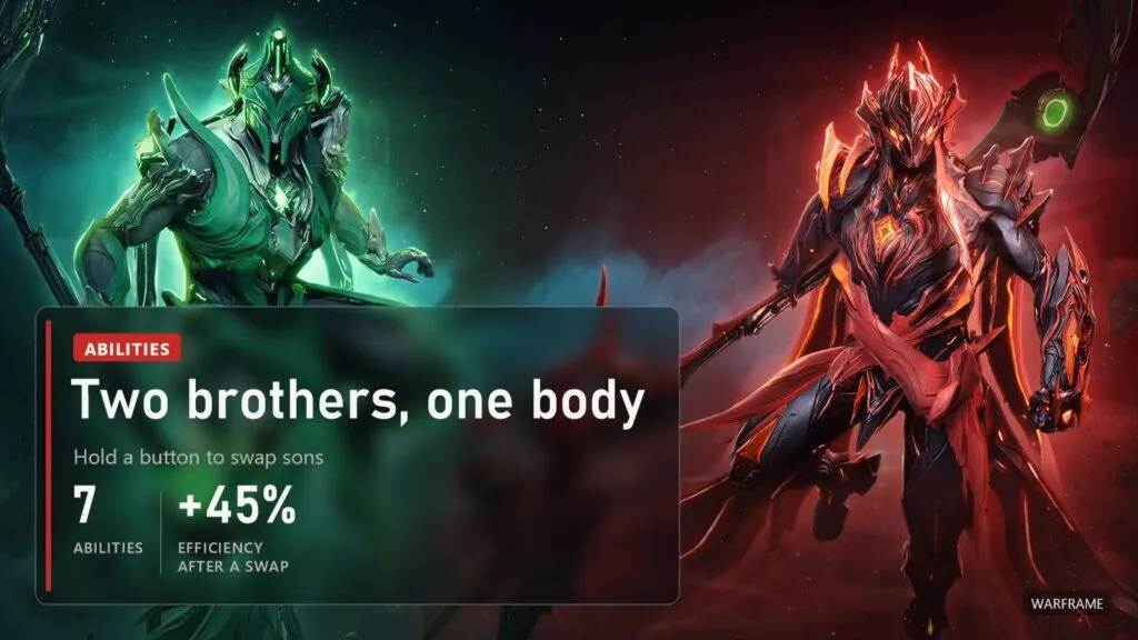 The two figures of Sirius and Orion, green with a scythe on the left and red on the right, on a dark background