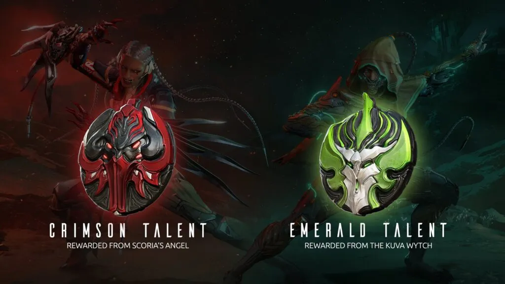 Two currency icons: the red Crimson Talent from Scoria's Angel and the green Emerald Talent from The Kuva Wytch