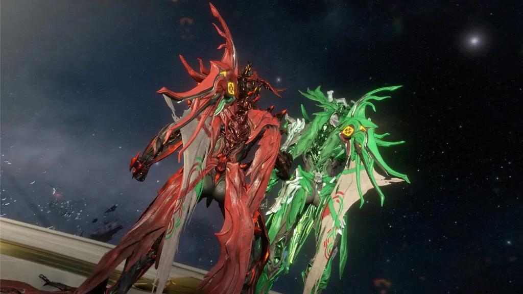 The red and green brothers in armor face each other against a starry sky