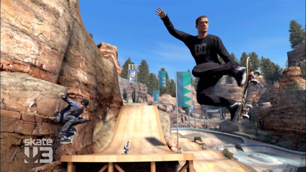 A skater launching off a ramp in Skate 3