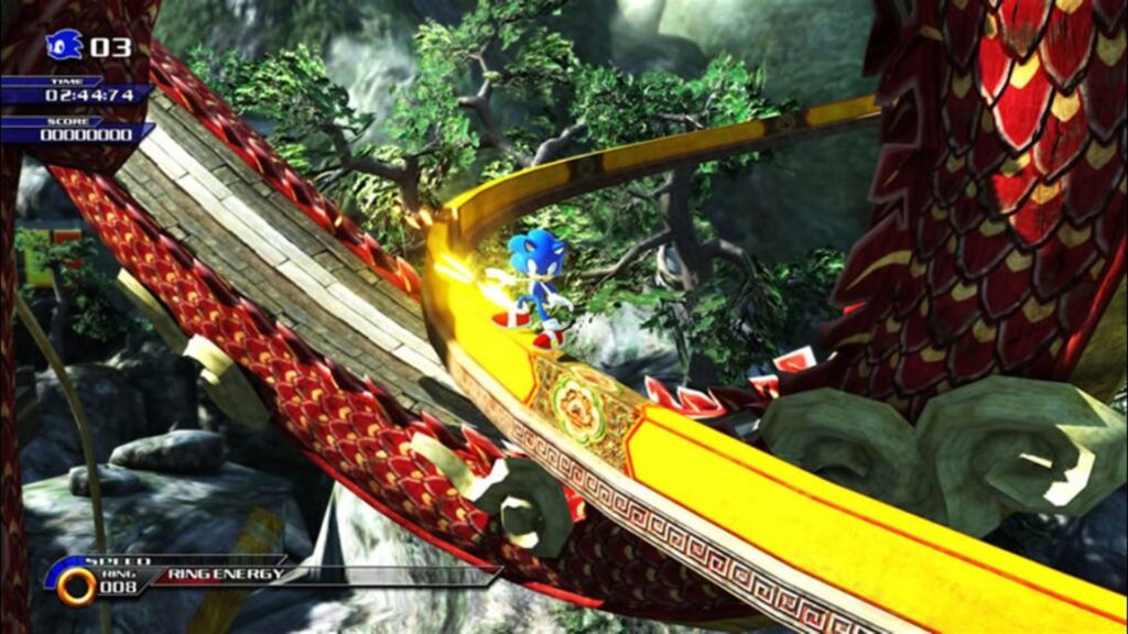 Sonic racing along a track in Sonic Unleashed