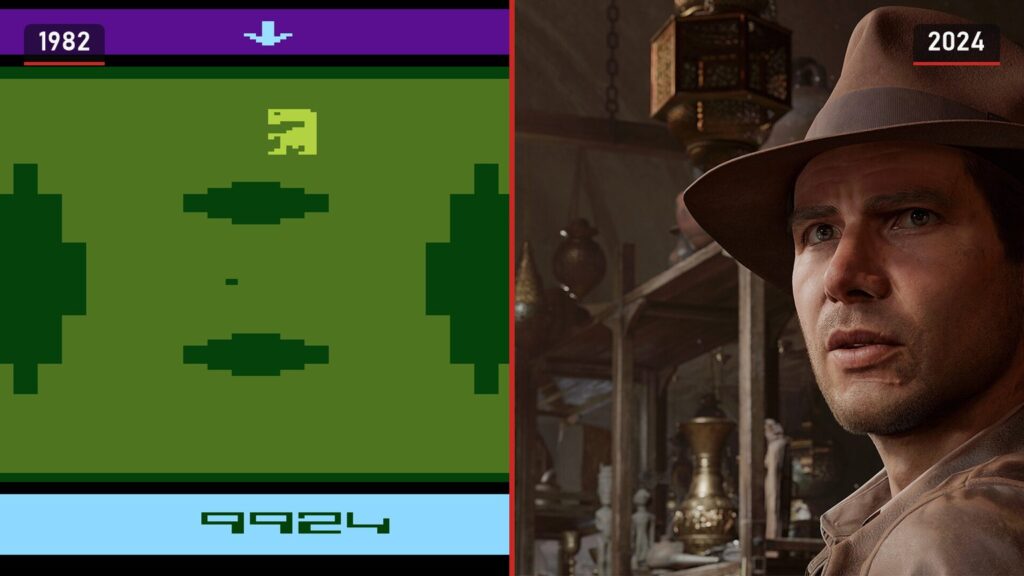 Links E.T. in een kuil op de Atari 2600 uit 1982, rechts Indiana Jones in Indiana Jones and the Great Circle uit 2024