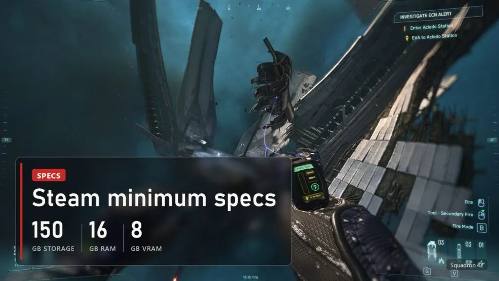 Squadron 42 Steam minimum specs: 150 GB storage, 16 GB RAM, 8 GB VRAM
