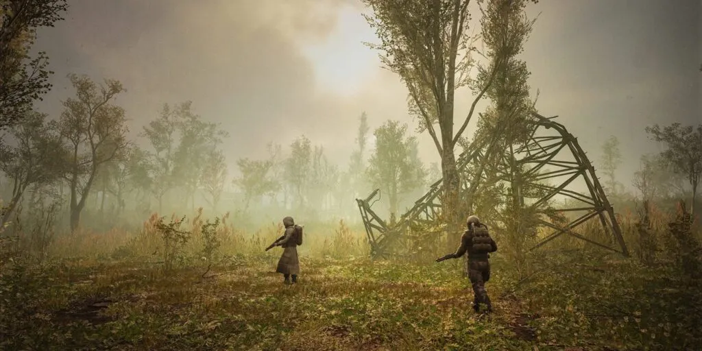 Stalkers in fog on a field in S.T.A.L.K.E.R. 2