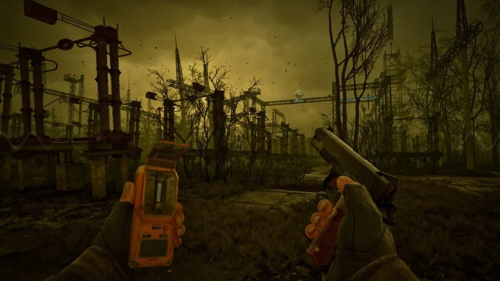 A stalker with a detector in a yellow field in S.T.A.L.K.E.R. 2