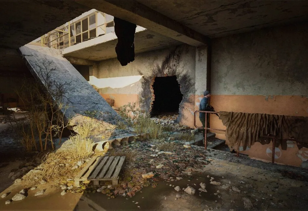 Inside a ruined building in S.T.A.L.K.E.R. 2