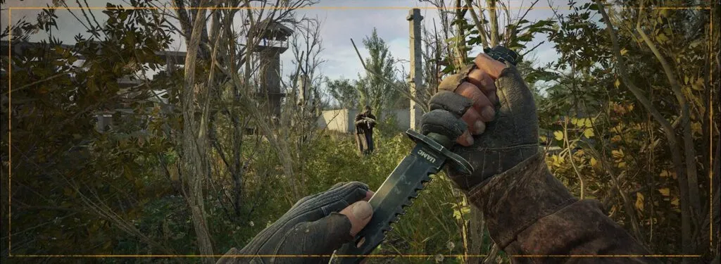 A stalker in a field holding a knife in S.T.A.L.K.E.R. 2