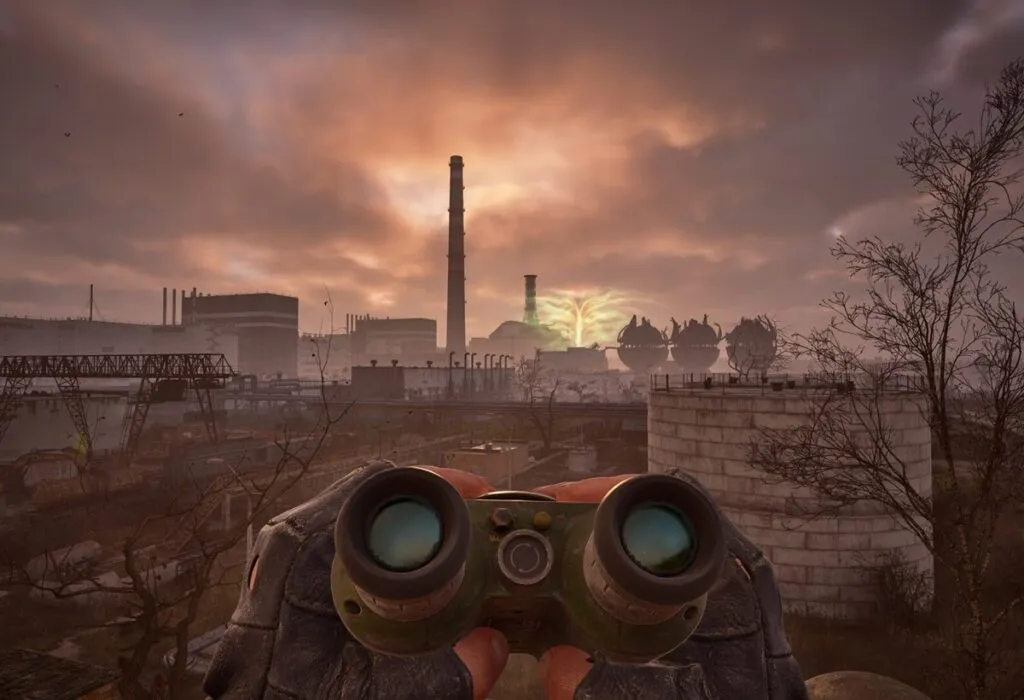 Sunset over an industrial zone through binoculars in S.T.A.L.K.E.R. 2