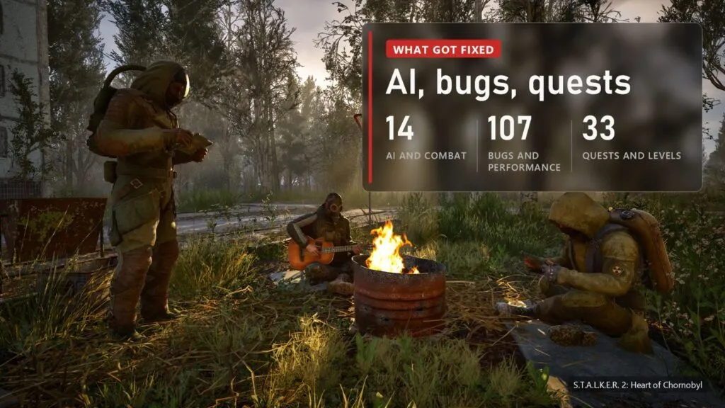 Stalkers around a campfire in S.T.A.L.K.E.R. 2 with a plate: 14 AI and combat changes, 107 bug and performance fixes, 33 quest and level changes