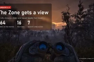 Binoculars in a stalker's hands in S.T.A.L.K.E.R. 2 with an update 2.1 plate: 164 items in the notes, 16 PS5 fixes, 7 quests unblocked