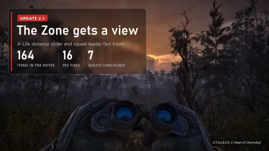 Binoculars in a stalker's hands in S.T.A.L.K.E.R. 2 with an update 2.1 plate: 164 items in the notes, 16 PS5 fixes, 7 quests unblocked