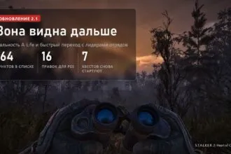 Бинокль в руках сталкера в S.T.A.L.K.E.R. 2 и плашка обновления 2.1: 164 пункта в списке, 16 правок для PS5, 7 квестов снова стартуют