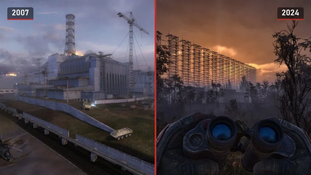 The Chernobyl plant in S.T.A.L.K.E.R.: Shadow of Chernobyl from 2007 and the Duga radar through binoculars in S.T.A.L.K.E.R. 2 from 2024