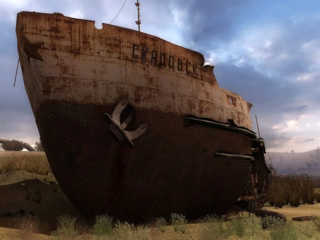 A rusted ship in Zaton in S.T.A.L.K.E.R.: Call of Pripyat