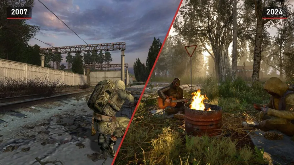 A stalker by the railway in Shadow of Chernobyl from 2007 and a campfire with a guitar in S.T.A.L.K.E.R. 2 from 2024