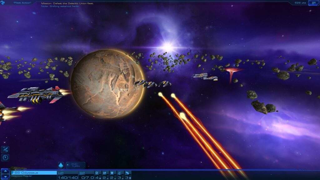 Starships fire lasers near an orange planet in an asteroid belt, from Sid Meier's Starships