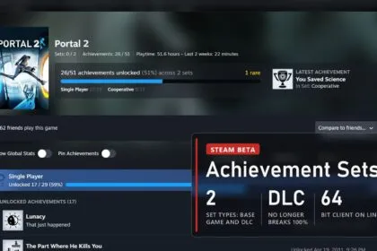 Portal 2 achievements page in the new Steam beta with Single Player and Cooperative sets and a plate about Achievement Sets
