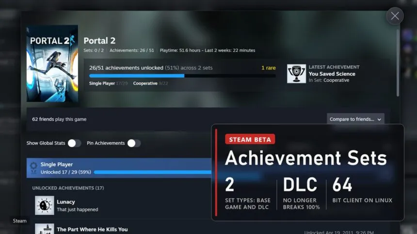 Portal 2 achievements page in the new Steam beta with Single Player and Cooperative sets and a plate about Achievement Sets