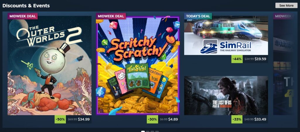 Het onderdeel Discounts and Events op de startpagina van Steam met de labels Midweek Deal en Today's Deal