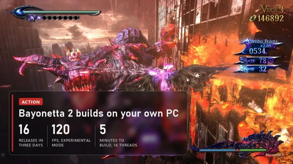 Bayonetta 2 PC port B2recomp: 16 releases in three days, builds in 5 minutes on 16 threads