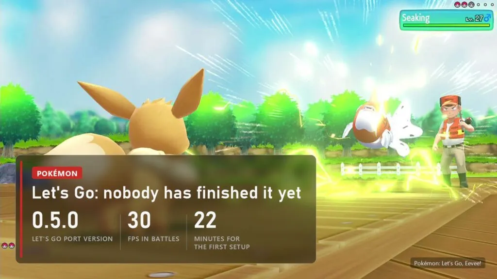 Pokémon: Let's Go, Eevee! PC port version 0.5.0, battles at 30 FPS, first setup 22 minutes