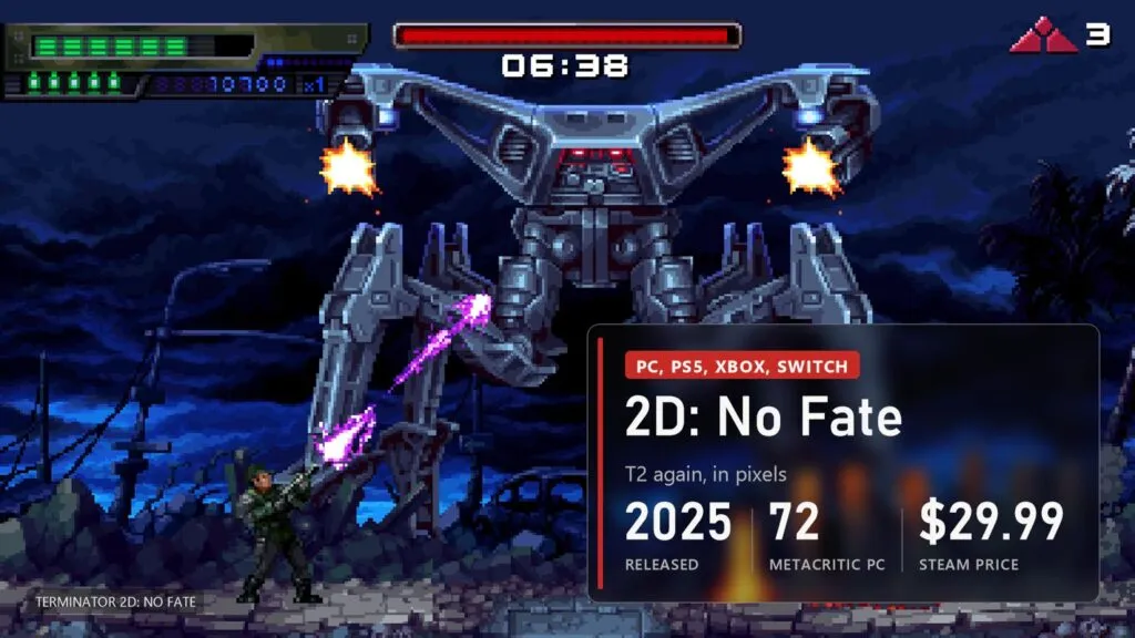 A giant spider machine attacking a soldier in night-time ruins, pixel art from Terminator 2D: No Fate, overlay with a 29.99 dollar price